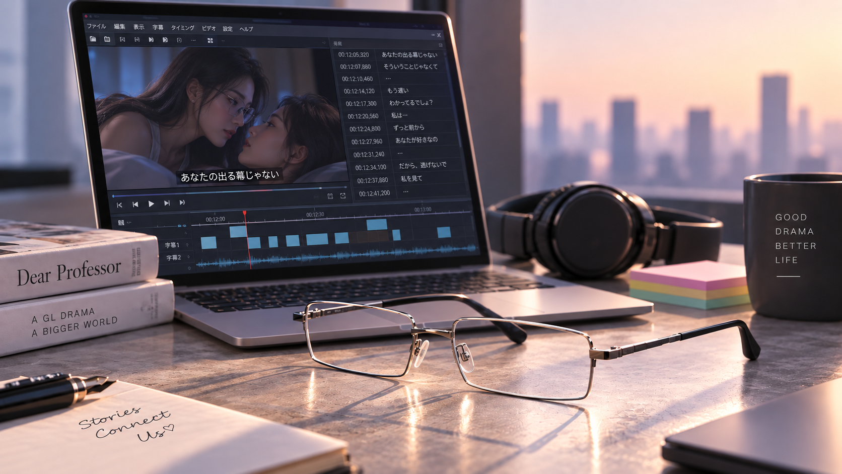 字幕編集ソフトが開かれたノートパソコンと、メガネ、ヘッドホン、『Dear Professor』の本が置かれた窓辺のデスク